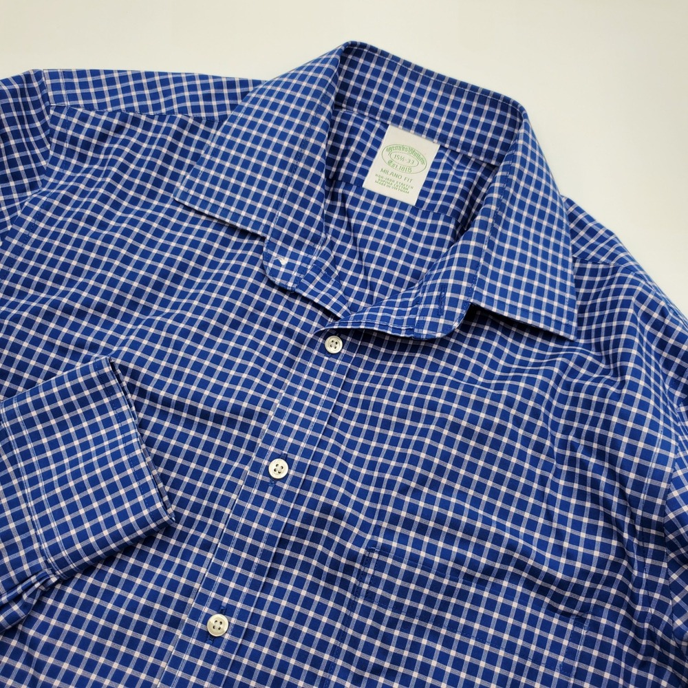 Brooks Brothers Milano Fit Shirt 15.5 33 Blue Gingham Supima Cotton Non-Iron